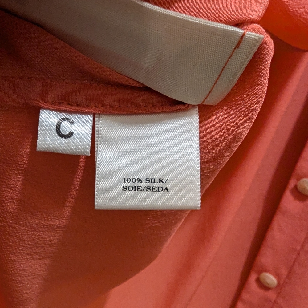 Anne Klein Peach Long Sleeve Roll Tab Pockets Button-Down Silk Collar Shirt- L - Picture 11 of 12